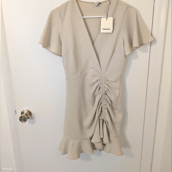NWT $340 Sandro Paris Albi Ruffle-Trim Mini Dress in Cream Size FR 34 / XS - Picture 7 of 15